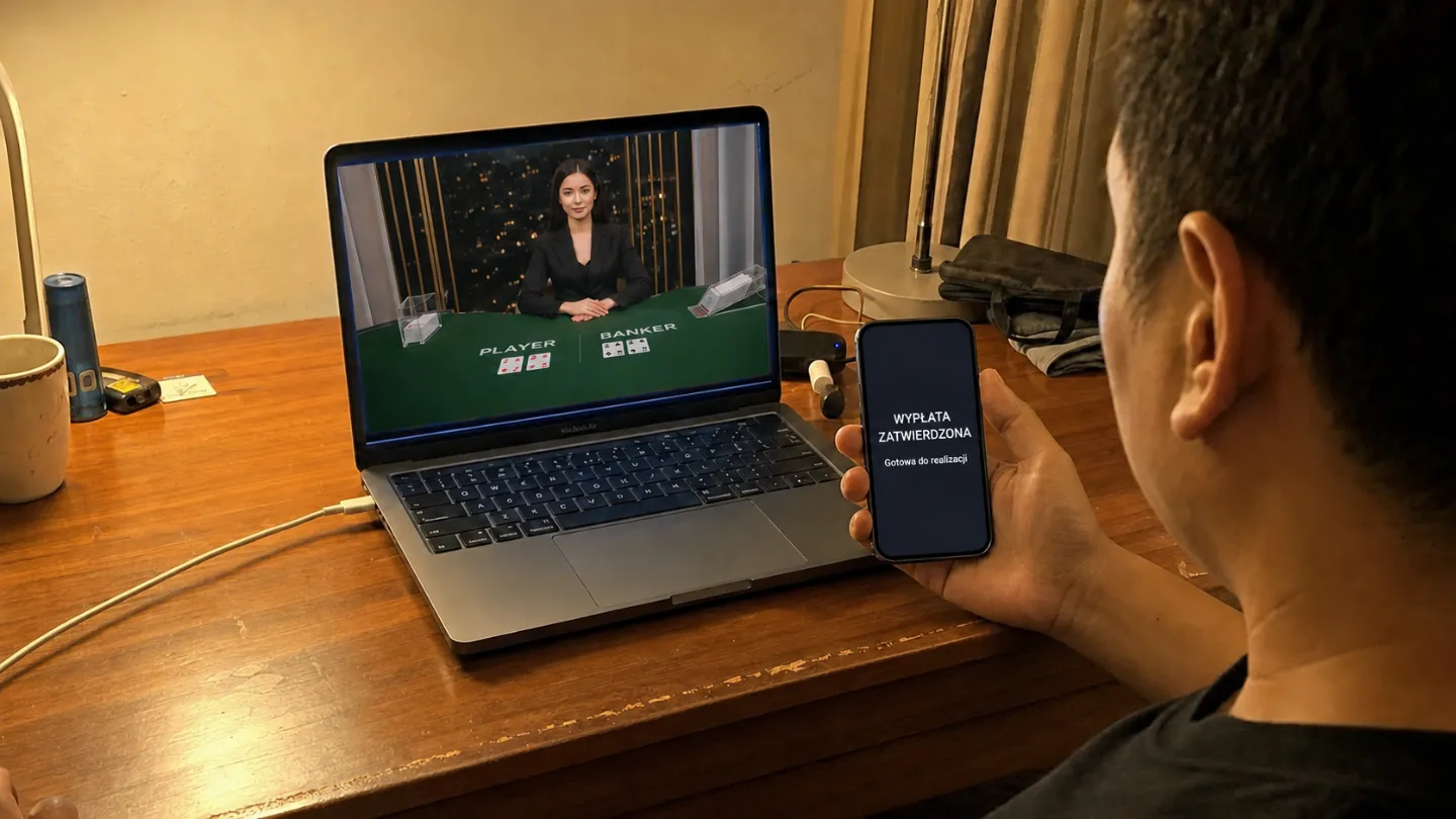 Sesja live na laptopie i telefon z potwierdzeniem wypłaty